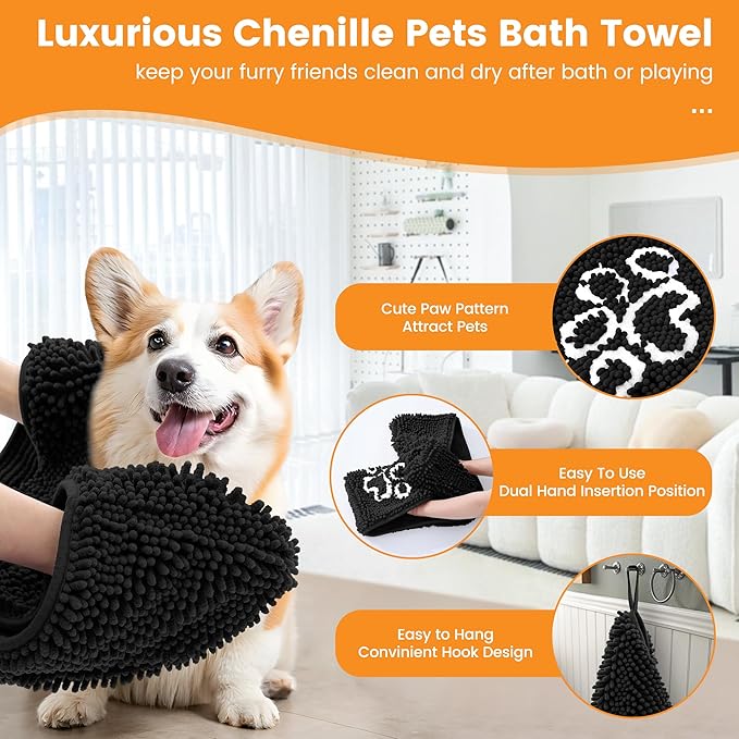 Smiry Chenille Dog Drying Towel, Extra Absorbent Bath Towel for Mud Dogs, Ultra Soft Quick Dry Pet Wash Mitt for Bathing, Grooming and Post-Walk Cleaning (31x13 Inches, Black)