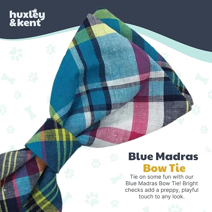 Huxley & Kent Pet Bow Tie for Dogs & Cats - Adjustable Hook & Loop Collar Accessory - Cute & Comfortable for Holidays & Celebrations - Blue Madras, Small