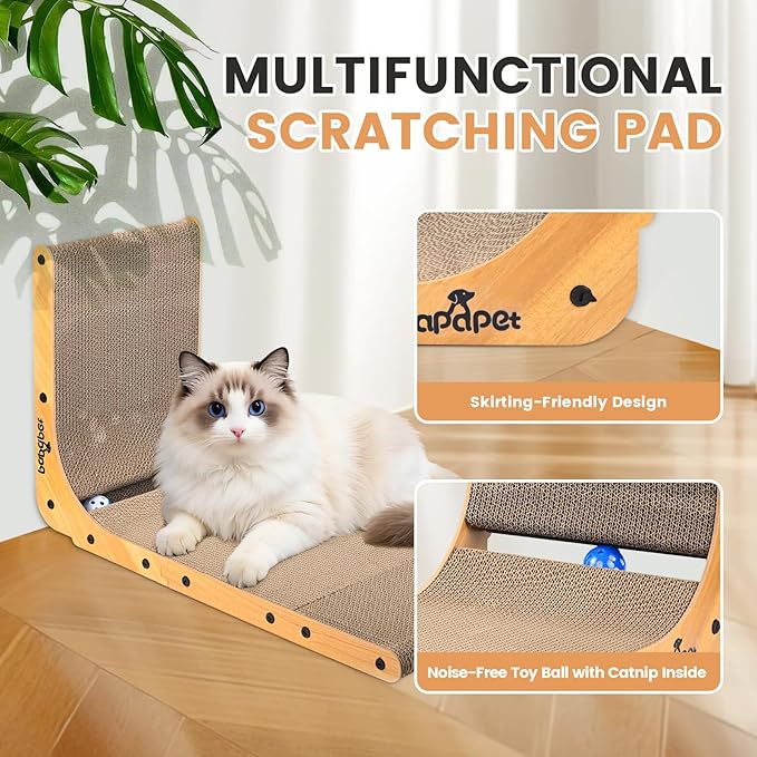 PaPaPet Cat Scratcher, 26.8 Inch L Shape Cat Scratchers for Indoor Cats, Protecting Furniture Cat Scratch Pad, Cardboard Cat Scratching with Ball Toy