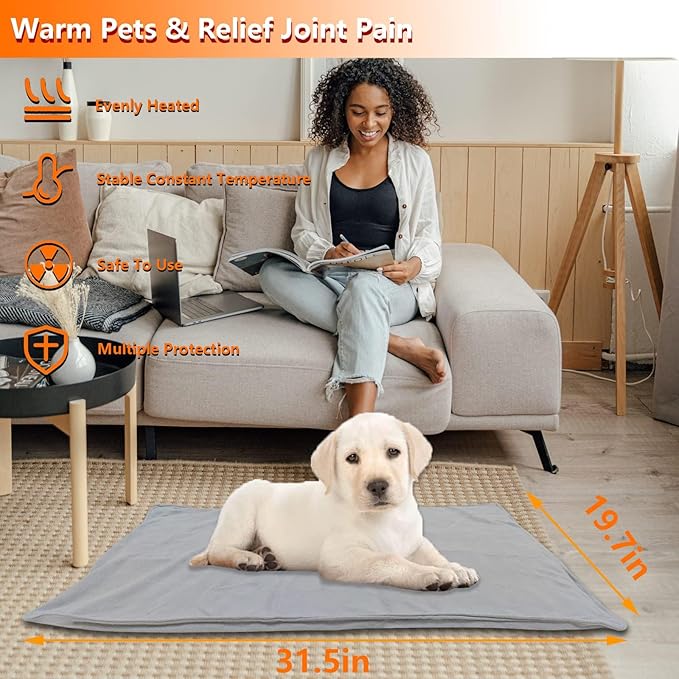 TJOY Pet Heating Pad Electric Heated Mat for Dogs & Cats Indoor Warming Mat with Auto Power Off (M:22''x18''(Gray))