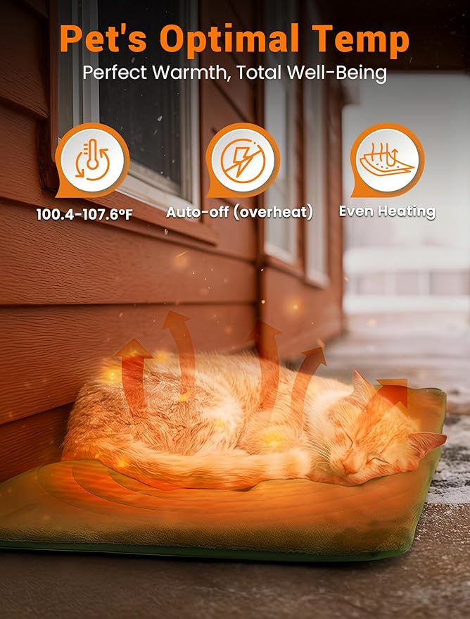 PETNF Outdoor Pet Heating Pad for Cats & Dogs, 100.4-107.6°F Auto Temp Control, Waterproof Fireproof, for Cat House/Dog Kennel/Terrace, Fits Domestic & Stray Pets (Green 15.7"X19.7")