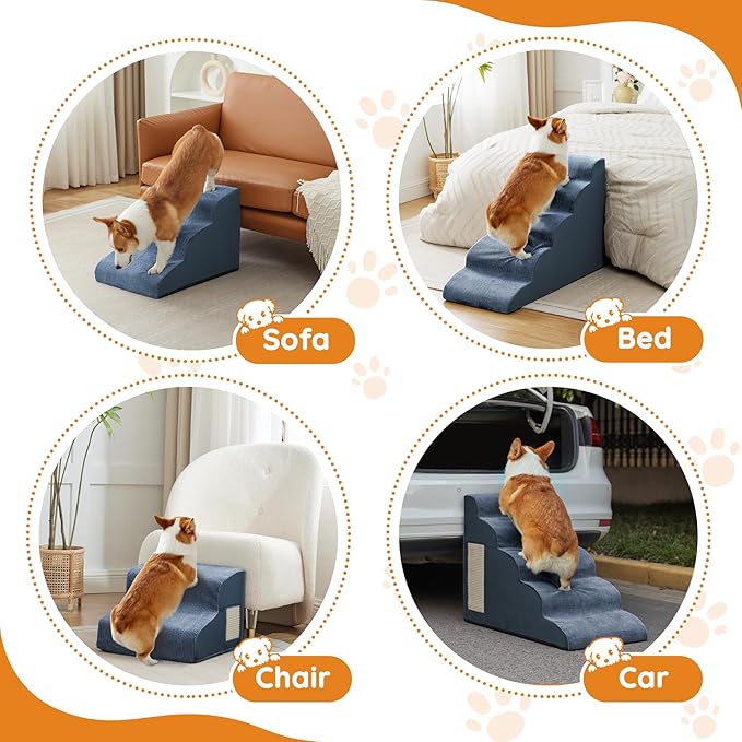 Dogs Steps for Bed, Dog Stairs for Small Dogs, 2-Step Dog Ramp for Bed, Couch, Sofa, and Chairs, Non-Slip Bottom Design, Cat Scratching, High Density Foam Portable Pet Step, Indoor, Navy