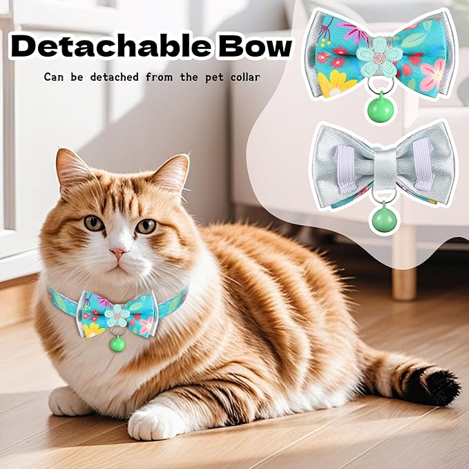 Cat Collar Breakaway, HYQHYX Floral Kitten Collar with Bell, Cute Cat Collar with Bow for Girl Boy Removable Bowtie