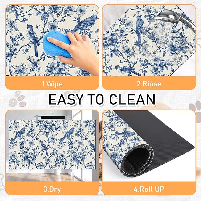 Dog Cat Food Mat - Absorbent Quick Dry Dog Bowl Mats for Food and Water, Anti Slip Cat Feeding Placemat for Floors, Diatomite Pet Dish Matts Accessories Supplies, Floral Bird Style, 17*30in