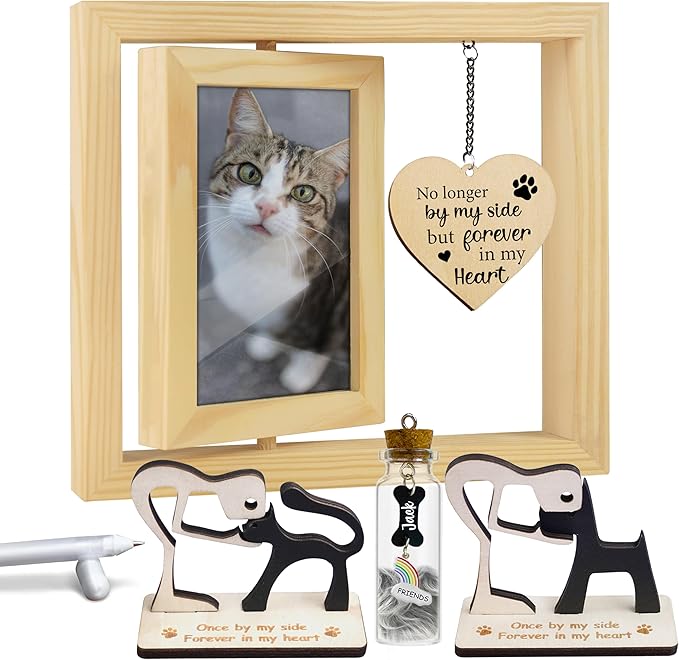 Pet Memorial Gift for Dogs Cats, Natural 360 Rotating Wooden Picture Frame 4x6 Photo, Pet Hair Keepsake Fur Jar Rainbow Bridge , No Longer By My Side But Forever in My Heart, Animal Loss Gift PR-3N