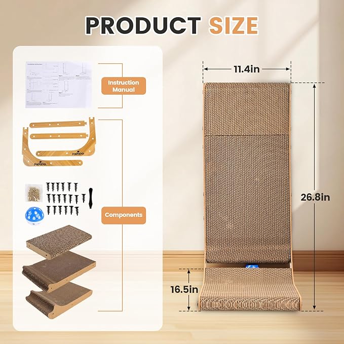 PaPaPet Cat Scratcher, 26.8 Inch L Shape Cat Scratchers for Indoor Cats, Protecting Furniture Cat Scratch Pad, Cardboard Cat Scratching with Ball Toy