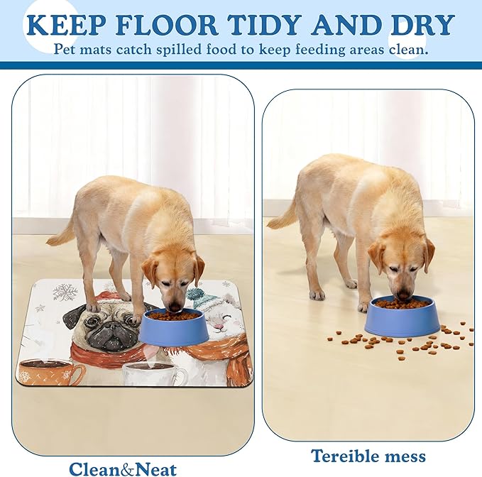 Chirstmas Dog Coffee Dog Cat Food Mat–Absorbent Waterproof Placemat for Food and Water Bowls, Non Slip Rubber Backing, Feeding Mat for Clean Floors 16"x24"