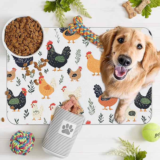 Rooster Dog Cat Food Mat,Hen Chicken Meadow Absorbent Pet Feeding Mat for Food and Water,Non-Slip Dog Bowl Mats Floor Protector 12"x20"