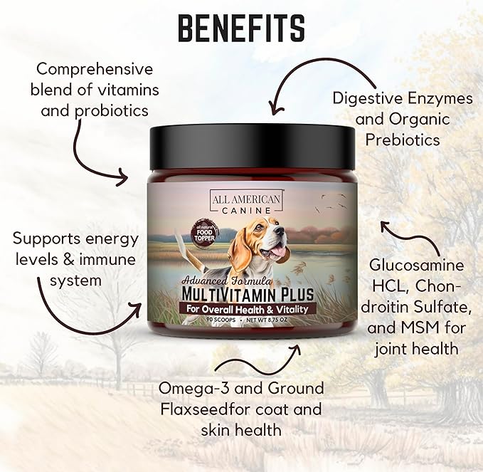 All American Canine Multivitamin Powder - Glucosamine & Chondroitin for Joint Health, Digestive Enzymes & Probiotics for Immunity, Skin & Coat, Beef Flavor 90 Servings
