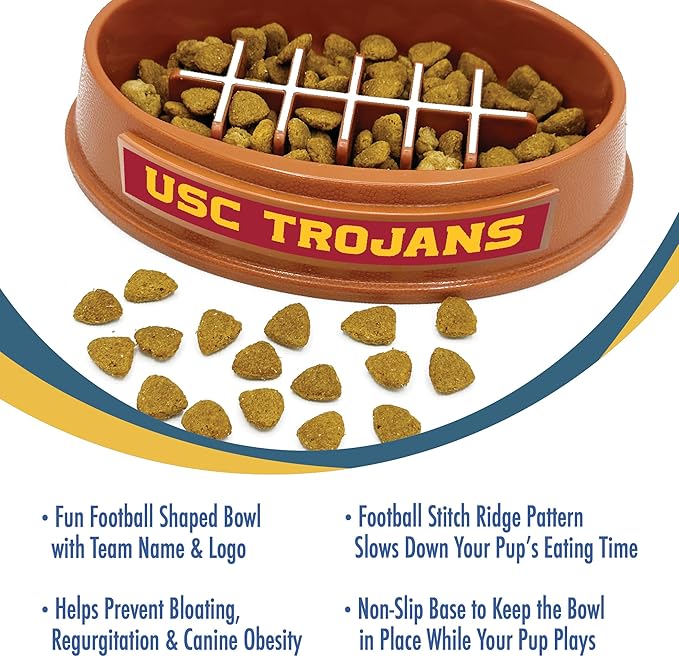 NCAA Super-Bowl - USC Trojans Slow Feeder Dog Bowl. Football Design Slow Feeding Cat Bowl for Healthy Digestion. Non-Slip Pet Bowl for Large & Small Dogs & Cats