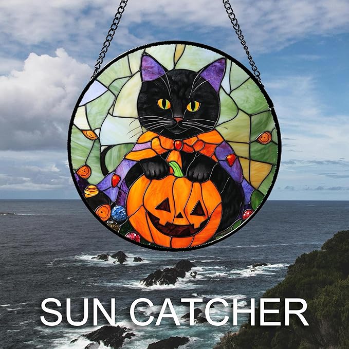 Stained Glass Window Hanging Black Cat Orange Pumpkin 6.3" - Suncatcher Door Garden Kitchen Sun Catcher Home Decor Birthday for Lost Pets Mom Men Woman Friend Grandma
