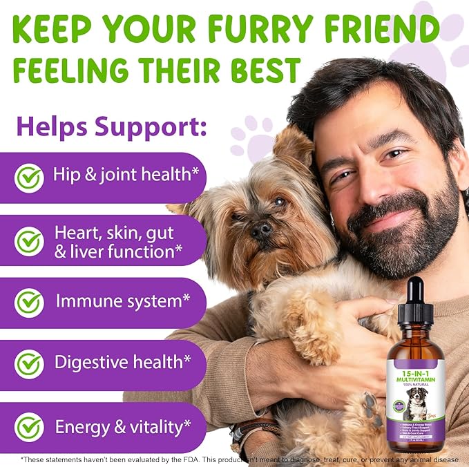 Dog Multivitamin Drops, 15 in 1 Multivitamin Liquid - Dog Vitamins with Glucosamine & Cranberry, Supports Joint, Digestion, Skin & Coat Health, Dog Supplement for Dogs of All Ages, Bacon Flavor, 60 ml