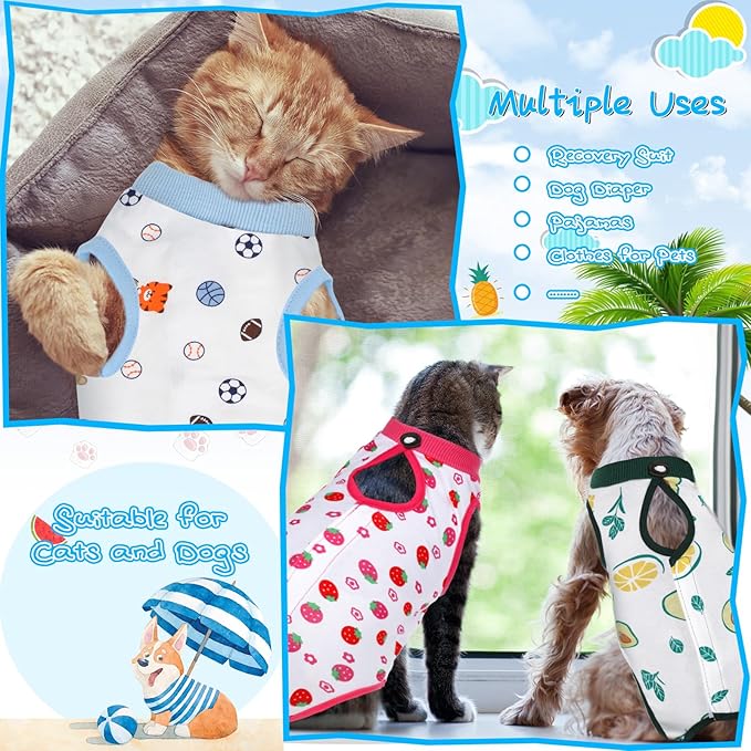 Kacctyen 6 Set Cat Recovery Suit After Surgery Female and Male Cat Kitten Surgery Suit E Collar Alternative Pajama Kitty Clothes for Spay Abdominal Skin Anti Licking(Fruit,Large)