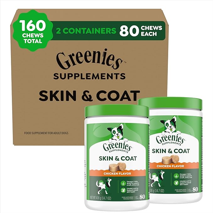 Greenies Supplements Dog Skin and Coat Supplements with Omega 3 Fatty Acids & Fish Oil for Dogs, Chicken Flavor, 14.7 oz, 80 Count (Pack of 2)