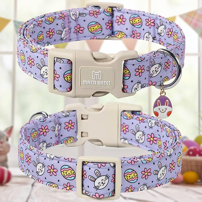 Maca Bates Easter Day Purple Egg and Bunny Dog Baisc Collar for Extra Small Boy Girl Dogs,Cute Eggs Soft Durable Adjustable Easters Rabbit Puppy Collors Gift for Male Female Pet
