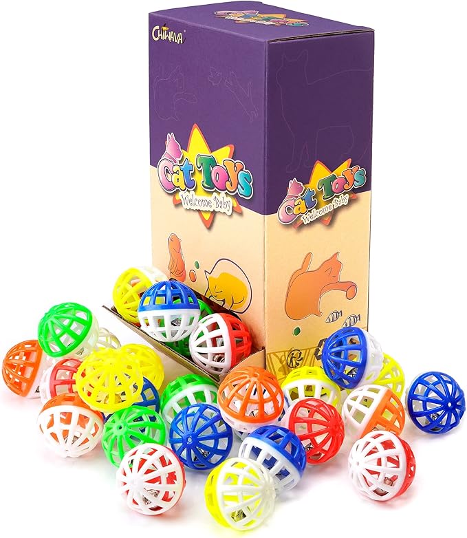 CHIWAVA 45PCS 1.6'' Cat Toy Ball with Bell Plastic Lattice Jingle Balls Kitten Chase Pounce Rattle Toy Assorted Color