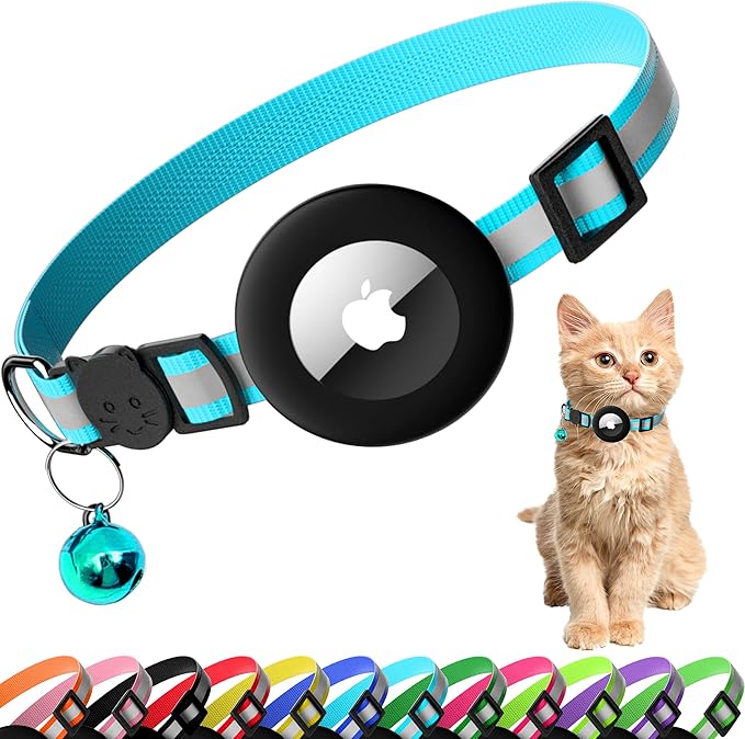 Cat Collar with Air Tag Holder, Reflective Kitten Collar with Bell, Breakaway Airtag Cat Collar for Boys Girls Cats, GPS Tracker for Cats 0.4’’ Width Adjustable Safe Kitty Collar, Lake Blue