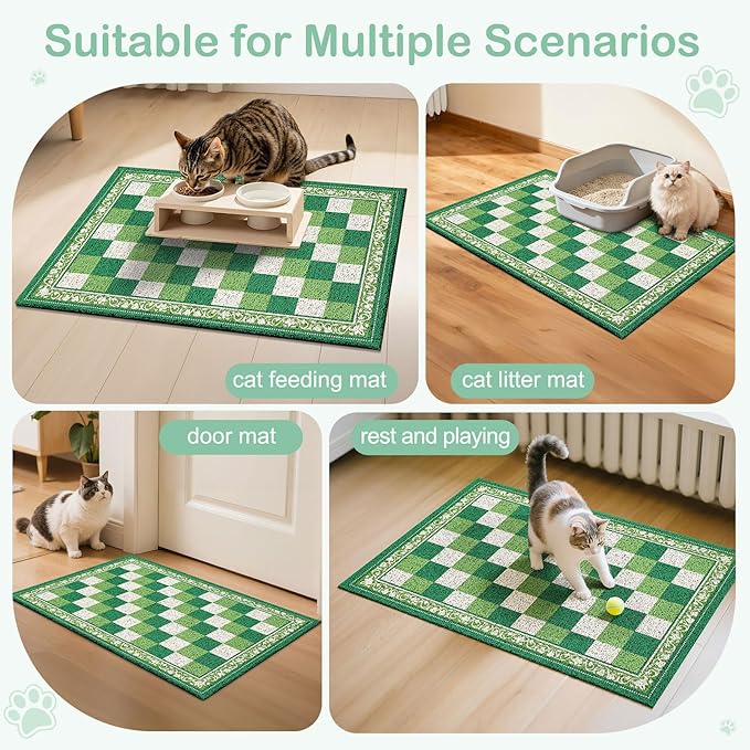 Bienbee Cat Litter Mat, 33" x 22" Waterproof Litter Box Mat Litters Rug with Non-Slip Bottom, Easy to Clean Litter Trapping Mat for Cat,Green Checkerboard L