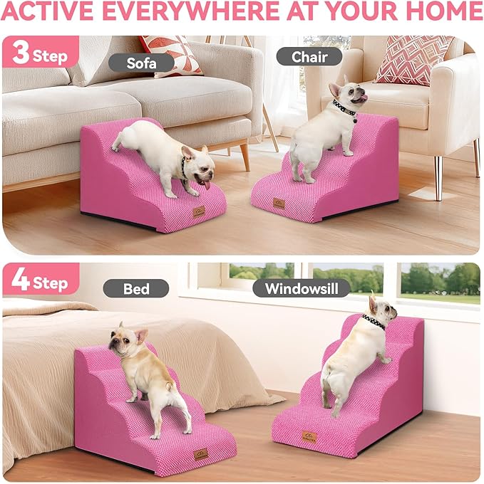 Dog Ramp and Stair for Bed 16" H-20 H,3-Step Cat Stair for Sofa and Chair,4-Step Dog Ramp for High Bed and Window,Durable Nonslip Fabric Cover for Indoor (Pink-16 H, Pet Friendly, 3)