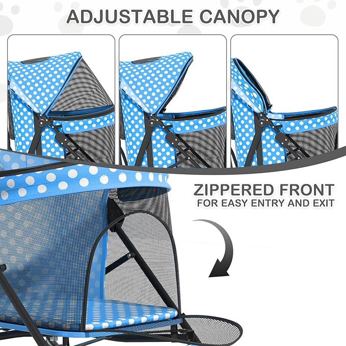 MoNiBloom 4 Wheels Pet Stroller, Easy-Fold Umbrella Shaped Dog Cat Jogger Stroller w/Storage Bag & Visible Mesh for Small/Medium Dogs Cats Sky Blue Polka Dots