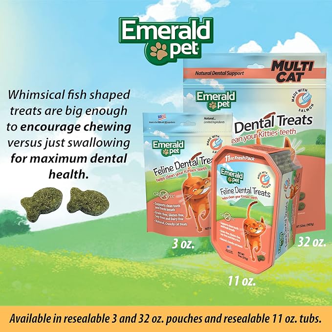 Emerald Pet Grain-Free Cat Dental Treats with Salmon – Crunchy Natural Dental Treats for Cats to Clean Teeth, Freshen Breath, and Reduce Plaque & Tartar – 11 oz Tub