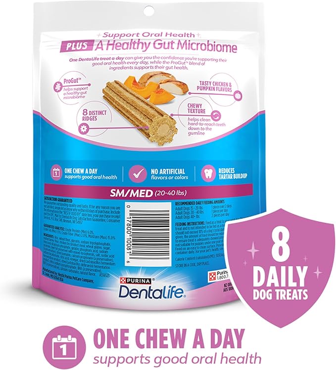 DentaLife Plus Digestive Support Dog Treats for Small and Medium Dogs 20-40 lbs., Cleans Teeth, Freshens Breath, & Supports Healthy Gut, Chicken & Pumpkin Flavor, 6 oz., 8 Chews - 6 oz. Pouch