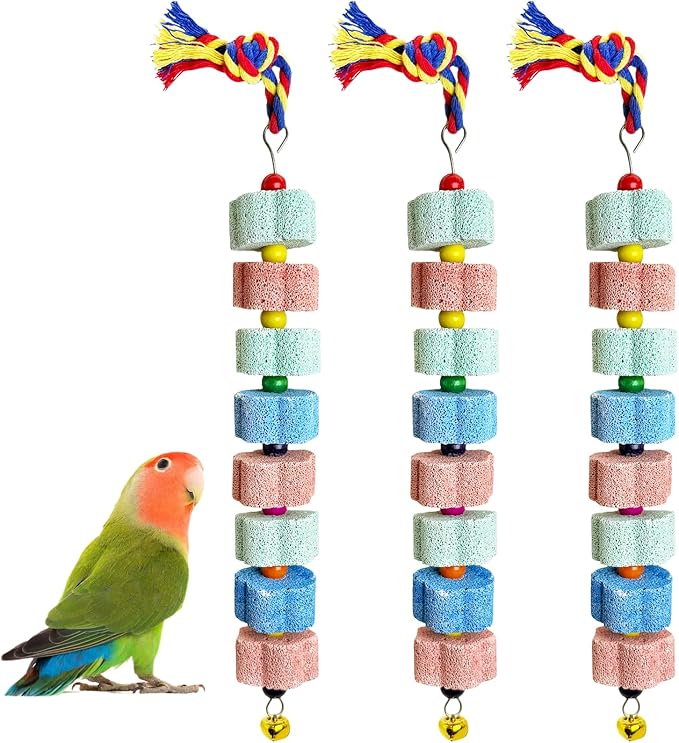 3 Pack Bird Chewing Toy,Lava Calcium Bird Beak Grinding Stone with Bell Hanging Parakeet Cage Accessories for Parrot Budgies Hamster Chinchilla Rabbit African Grey
