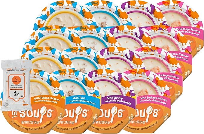 Aurora Pet Variety Adult Cat Food Complements – 4 Flavors, 16 Containers: (4) Sockeye Salmon, (4) Shrimp, (4) Tuna, (4) Flaked Chicken, Plus 10-Count Grooming Wipes