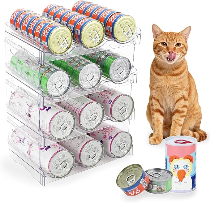 FHTONGE Heavy-Duty Cat Can Organizer for Multiple Sizes, Transparent Wet Cat Food Storage Rack for Pantry Kitchen Cabinet Rridge, 4-Tier Pet Canned Goods Dispenser Shelf Dog Tins Holder Container