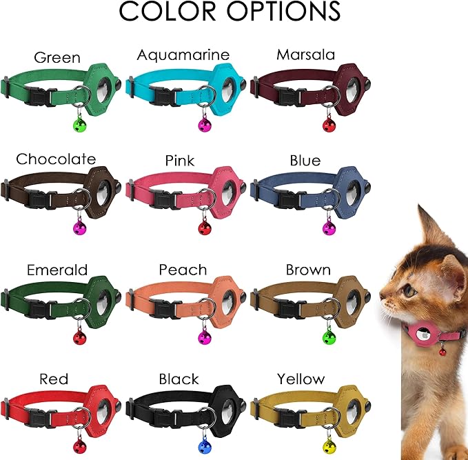 Breakaway Airtag Cat Collar with Removable Bell - Leather Pet Collar with Apple Air Tag Holder - Adjustable GPS Collars for Girl Boy Cats Kitten Puppy - Lightweight, Cute and Comfortable (Pink)