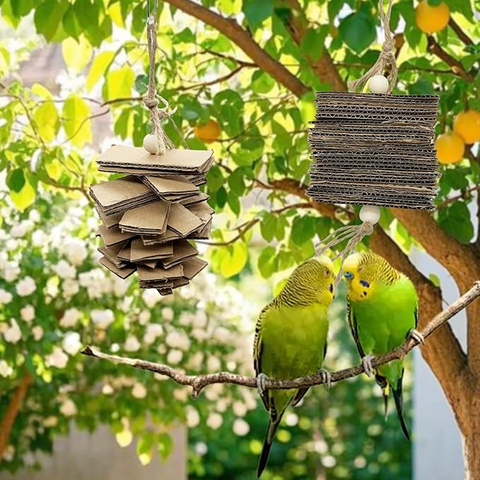 LWINGFLYER 4 Pack Small Parrot Chew Toys Natural Cardboard Paper Hanging Bird Shredding Toy for Budgies Conures Cockatiel Parakeet Lovebirds Canary