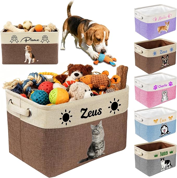 Custom Dog Toy Basket with Name Photo, Personalized Toys Clothing Storage Bins for Dogs Cats Pet,Collapsible Doggy Box Customized for Toy Food Brown