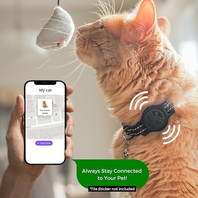 Tile Sticker Holder Cat Tracking Collar (2024) - Breakaway, Reflective Kitten Collar with Bell and Holding Case for Tile by Life360 (Black)