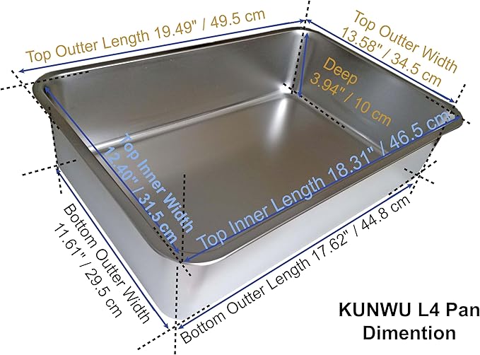 KUNWU Stainless Steel Cat Litter Box 20"x14"x4", Corrosion Resistant Easy Clean No Odor Durable Pan (L (20"x14"), 4" Deep)