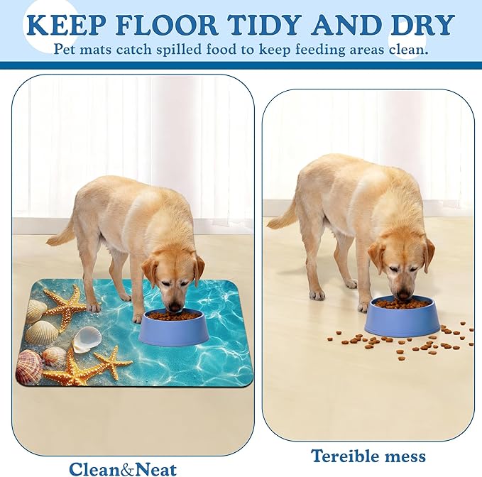 Starfish Seashell on Beach Pet Feeding Mat for Floors–Christmas Stocking Absorbent Quick Dry Dog Cat Bowl Mat for Food and Water, Non Slip Waterproof Base, Mess-Free Feeding Accessories 12"x20"