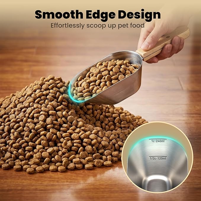 Dog Food Scoop 1 Cup,304 Stainless Steel Cat Food Scoop with Long Wooden Handle,Dog Food Measuring Cup with Precision Scale for Pet Food Rice Flour