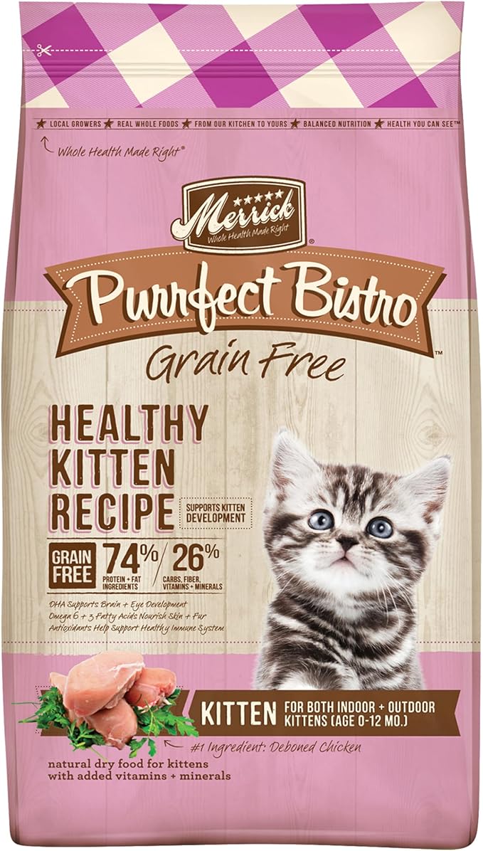 Merrick Purrfect Bistro Premium Grain Free Natural Dry Cat Food For Young Cats, Healthy Kitten Food Recipe - 4 lb. Bag