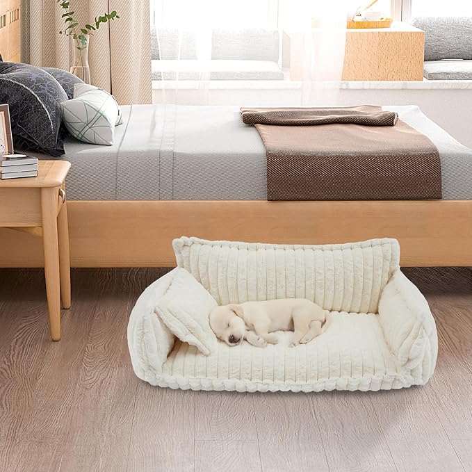 Fluffy Pet Couch for Cats & Dogs, Plush Animal Sofa with Removable Washable Cover,Calming Bed for Small or Medium and Large-Sized Pets, Dark Gray Modern Pet Furniture (White)