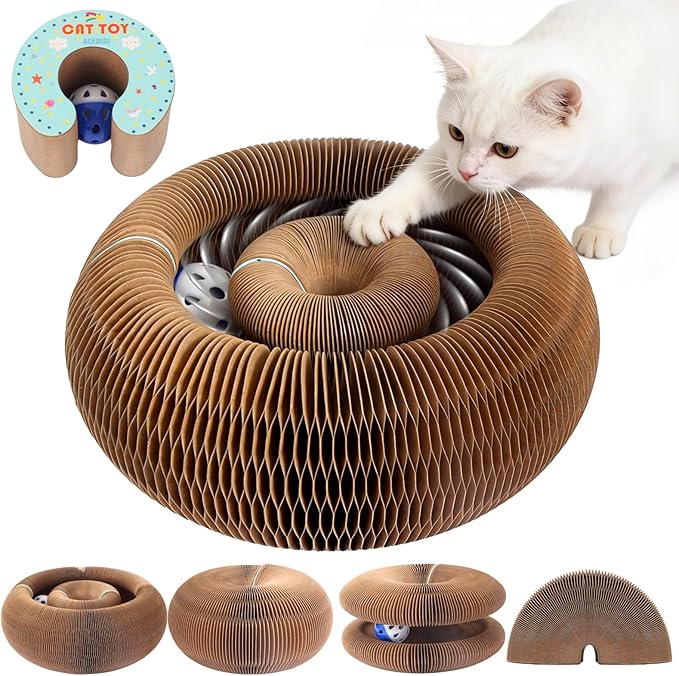 Extensible Large Megnetic Magic Organ Cat Scratcher Toy | Upgraded Durable Cardboard Scratching Board with Bell Ball, Interactive Enrichment Toy for Indoor Cats & Kittens