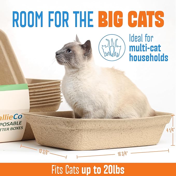 CallieCo Disposable Cat Litter Boxes - Portable Biodegradable Travel Litter Box for Cats, Sturdy and Durable Kitty Poo Box, Leak-Resistant Cat Tray Liners, Easy-Grip Rim, Large - 8 Pack