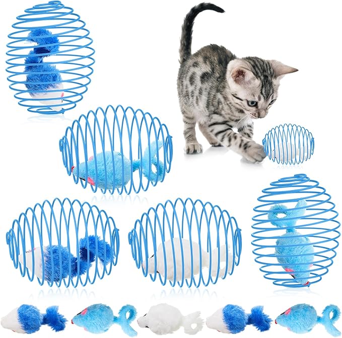 Jecery 5 Pcs Cat Spring Balls Toys Stretchable Rolling Balls Colorful Playful Coils Interactive Action Toy Caged Rats for Kitten Pet Supplies (Mouse,Blue White)