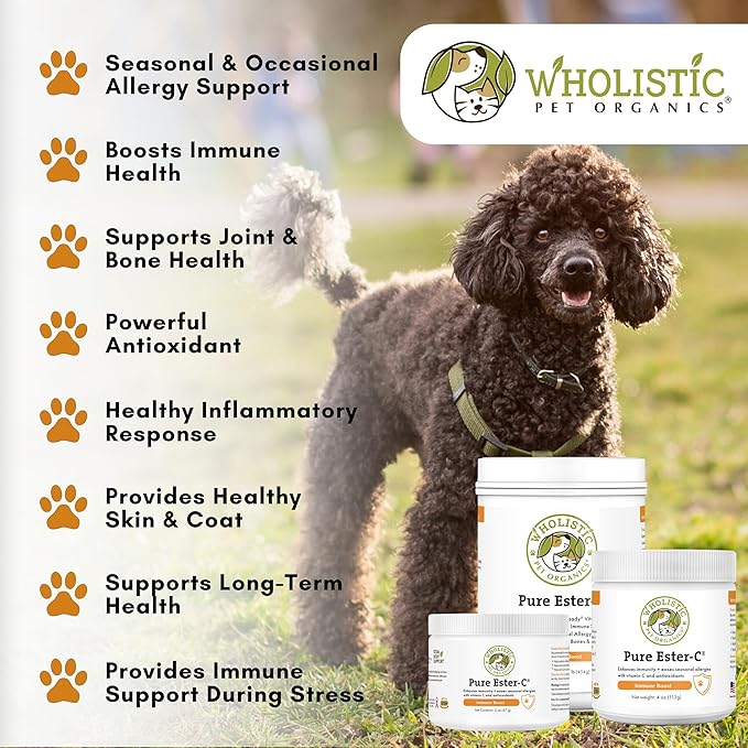 Wholistic Pet Organics Ester-C Powder for Dogs & Cats - Cat & Dog Allergy & Itch Relief - Vitamin C Immune Support Supplement - Itchy Skin Support for Seasonal Dog Allergy Relief - 2 oz - 57 Scoops