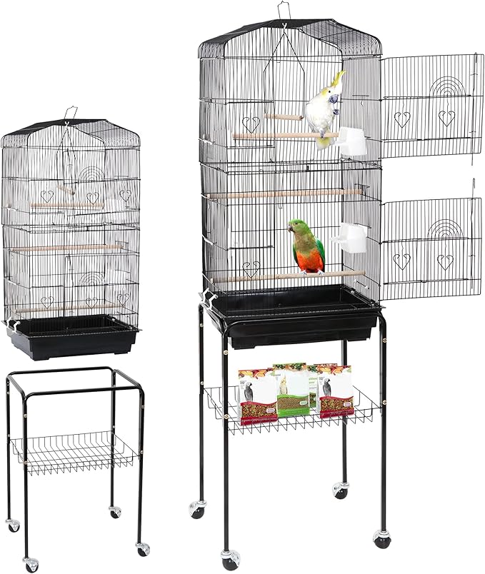 Nova Microdermabrasion 63 Inch Medium Pet Bird Cage with Detachable Rolling Wrought Iron Stand for Cockatiel, Sun Conure, Parakeet, Finch, Budgie, Lovebird, and Canary Birds