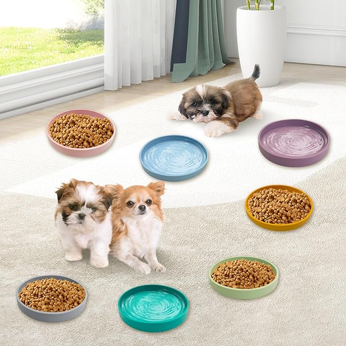Silicone Dog Bowl Shallow Cat Food Bowls 7in Flat Puppy Plates Cute Whisker Fatigue Pet Feeding Dishes Set of 2 for Dry and Wet Food Indoor (Round Purple)