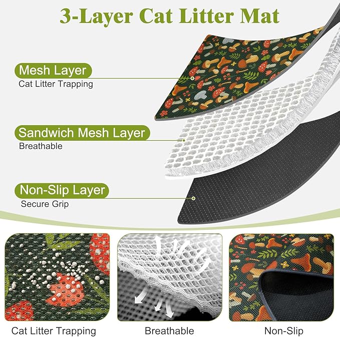 Unicorn Catcher 24X15in 2packCat Litter Mat Machine Washable Soft 3D Air Mesh Litter Box Rug Non-Slip Backing Quick Dry Scatter Control for Paws,Green Mushrooms