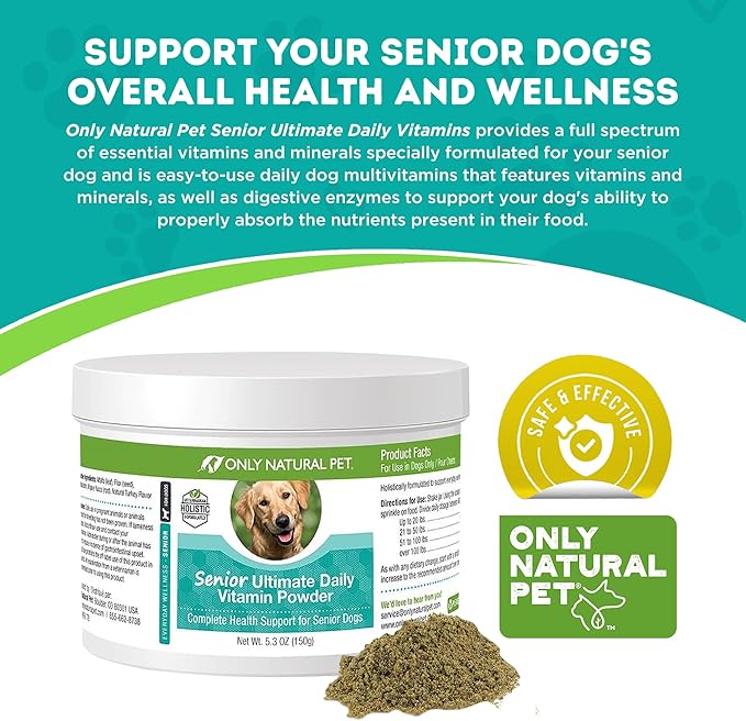 Only Natural Pet Senior Ultimate Daily Canine Vitamin Supplement for Dogs Complete Holistic Health Support - Made in USA, 5.3 oz Turkey Flavored Powder