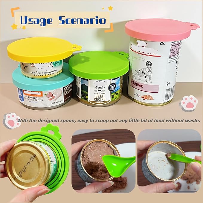 2 Packs Dog Food Can Lids, Inner rings 2.6”/3”/3.4” Fits 3-15oz Standard Cans/Tins, Multi-Size cat food can lid, Silicone Can Covers for dog food cans, BPA Free, Reusable(Green/Cyan+1 spoon)
