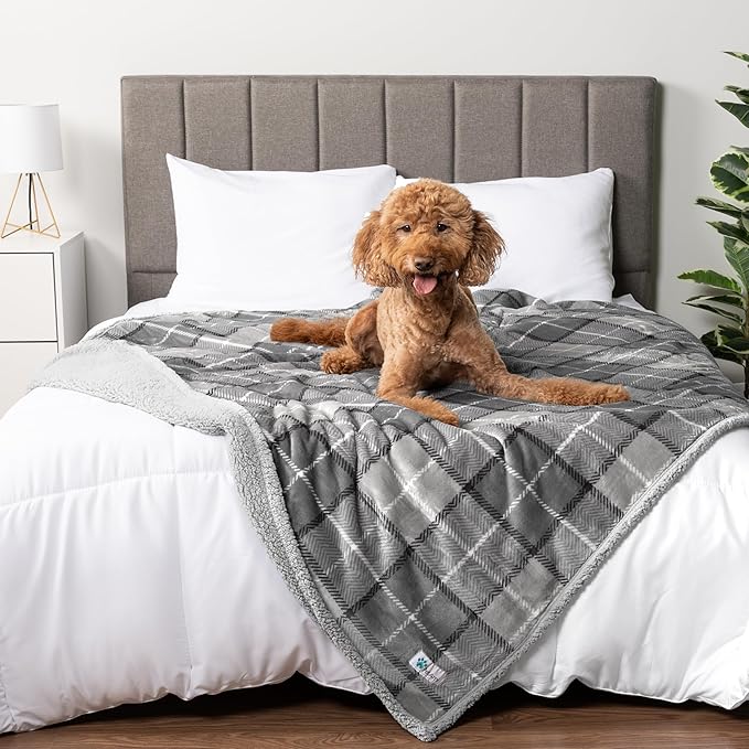 PetAmi Waterproof Dog Blanket for Medium Large Dog Puppy Cat Throw for Couch Cover Leakproof Protection, Sherpa Fleece, Reversible Soft Washable 60x40 Plaid Light Gray