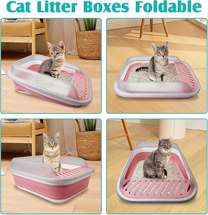 VCEPJH Collapsible Litterbox with High Sides Small Cats Litter Pan with Scoop Open Cat Litter Box Portable Travel Kittens Toilet Kitten Starter Kit for Kittens Adult Cat Elderly Cats (Pink)