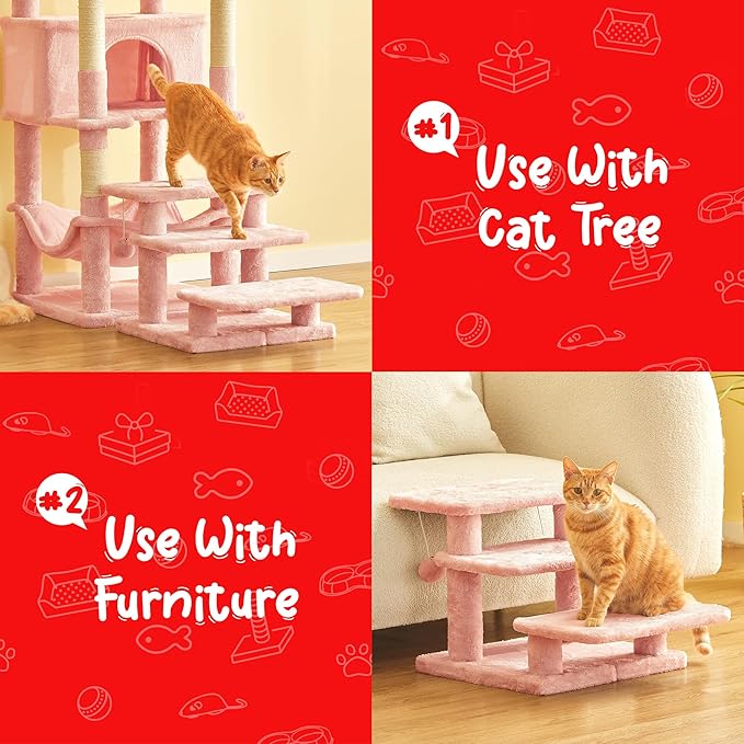 15''H Multi-Step Pet Stairs for High Beds & Sofas, 3-Step Cat Stairs with 2 Toy Balls, Wide Boards for Indoor Kittens Dogs Pets Climbing, Pink